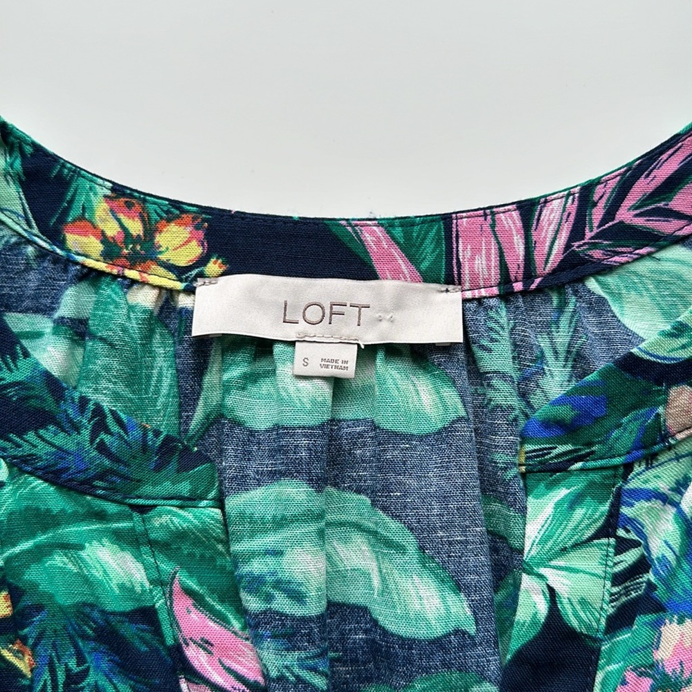 LOFT Tropical Print Dress Navy Viscose Linen Cotton Women’s Sz Small *NoTieBelt - Picture 3 of 4